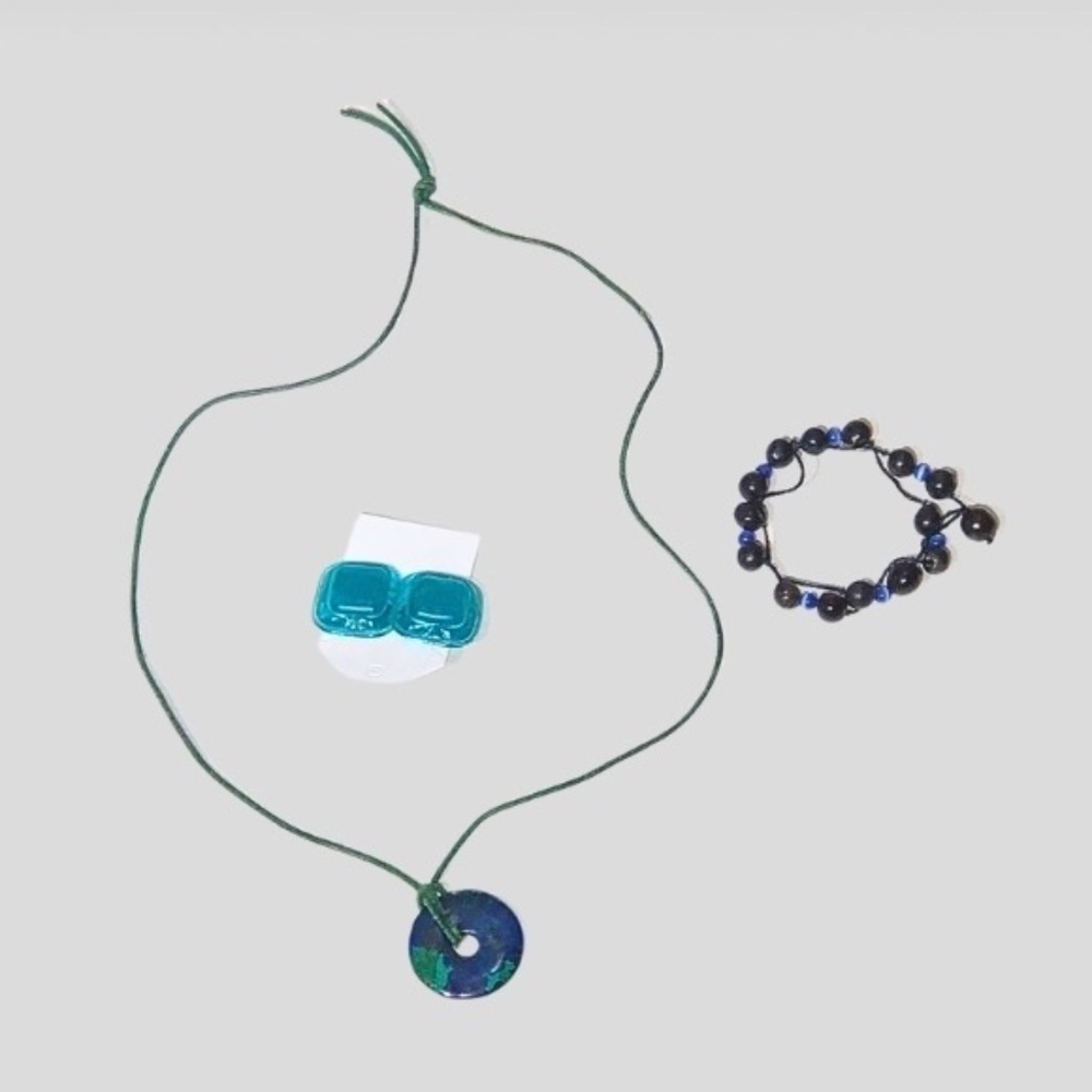 Jewelry Set Blue Stone Necklace Bracelet Clip On Earrings